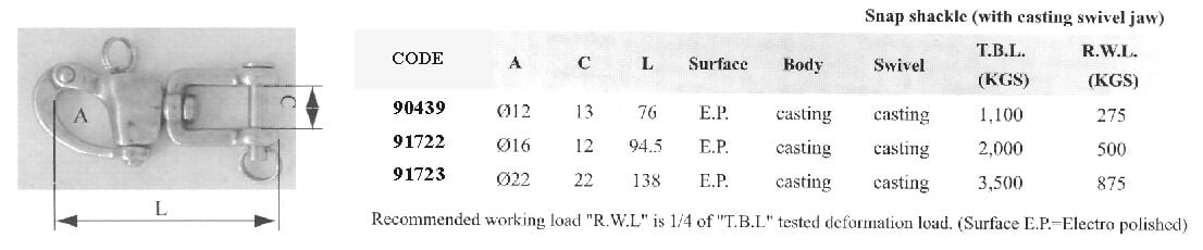 SNAP SHACKLE W/ CASTING SWICEL JAW, INOX DIAM